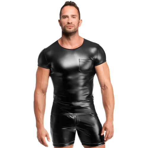 Black glossy faux leather short-sleeved top with front pocket noir vexen tee s for stylish casual wear