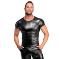 Black glossy faux leather short-sleeved t-shirt with chest pocket noir vexen tee s front view