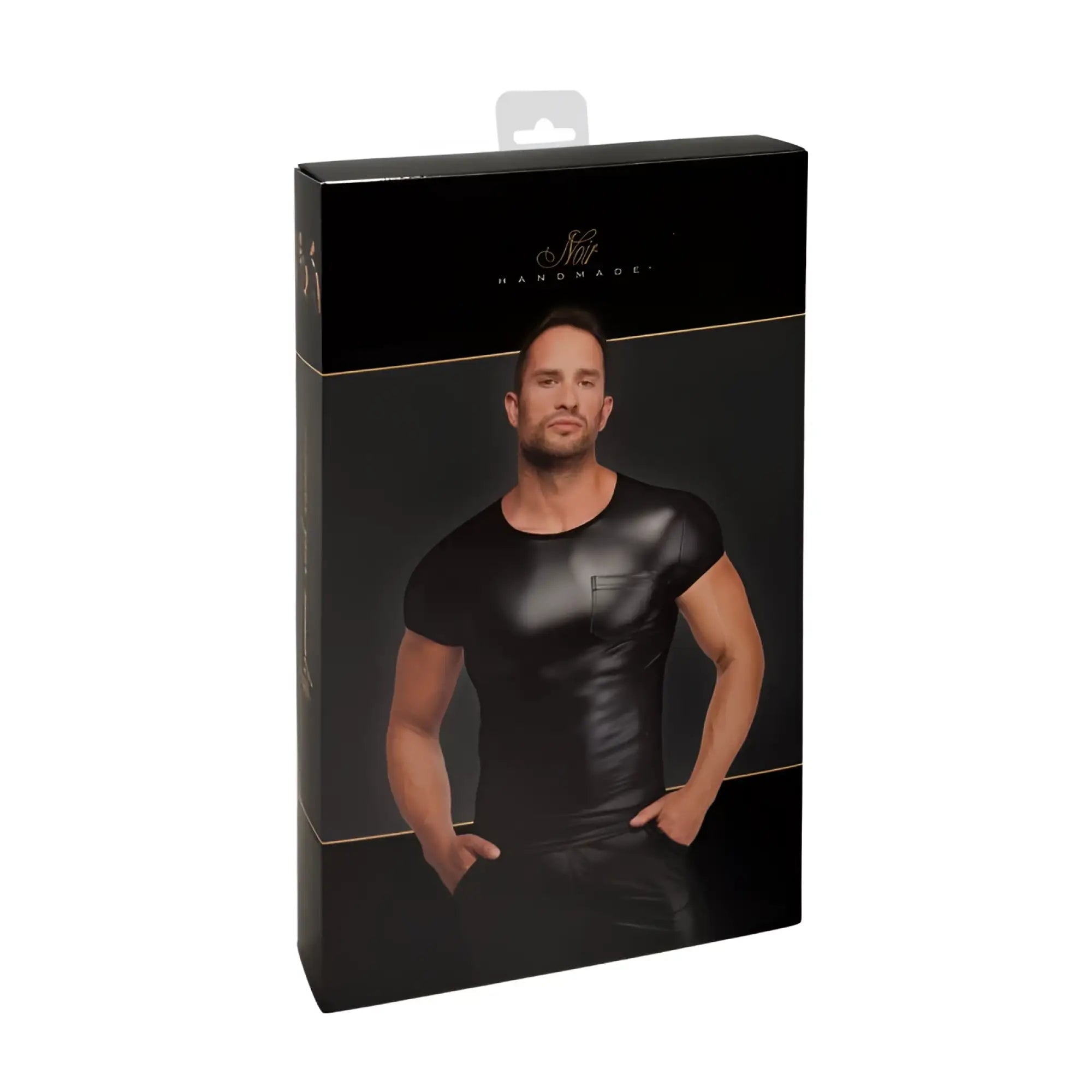 Black faux leather short-sleeved tee with front pocket displayed on packaging noir vexen tee xl
