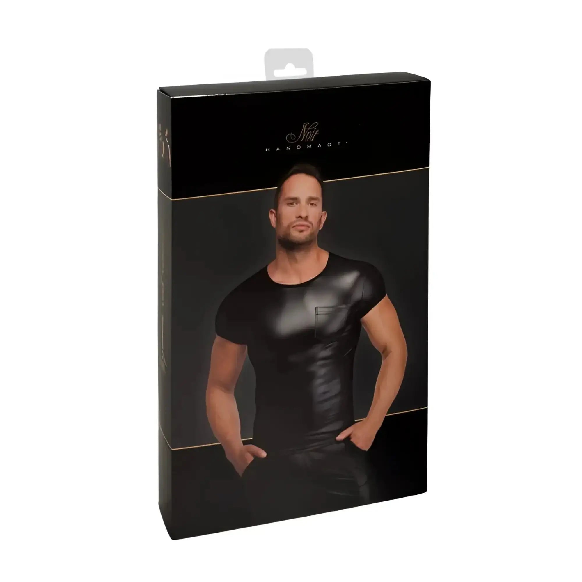 Black faux leather short-sleeved tee with front pocket displayed on packaging noir vexen tee xl