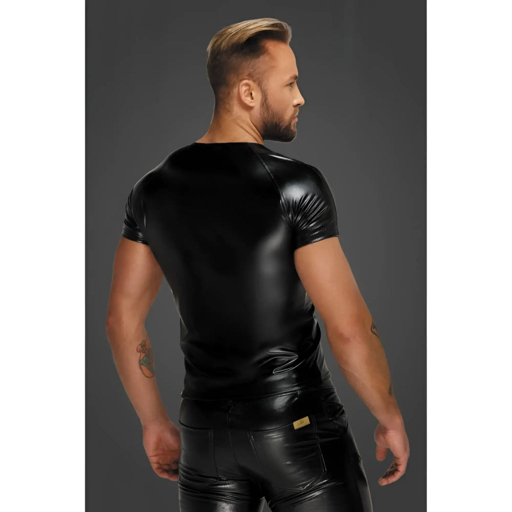 Black glossy faux leather short-sleeved top with snake wetlook sleeves in size medium