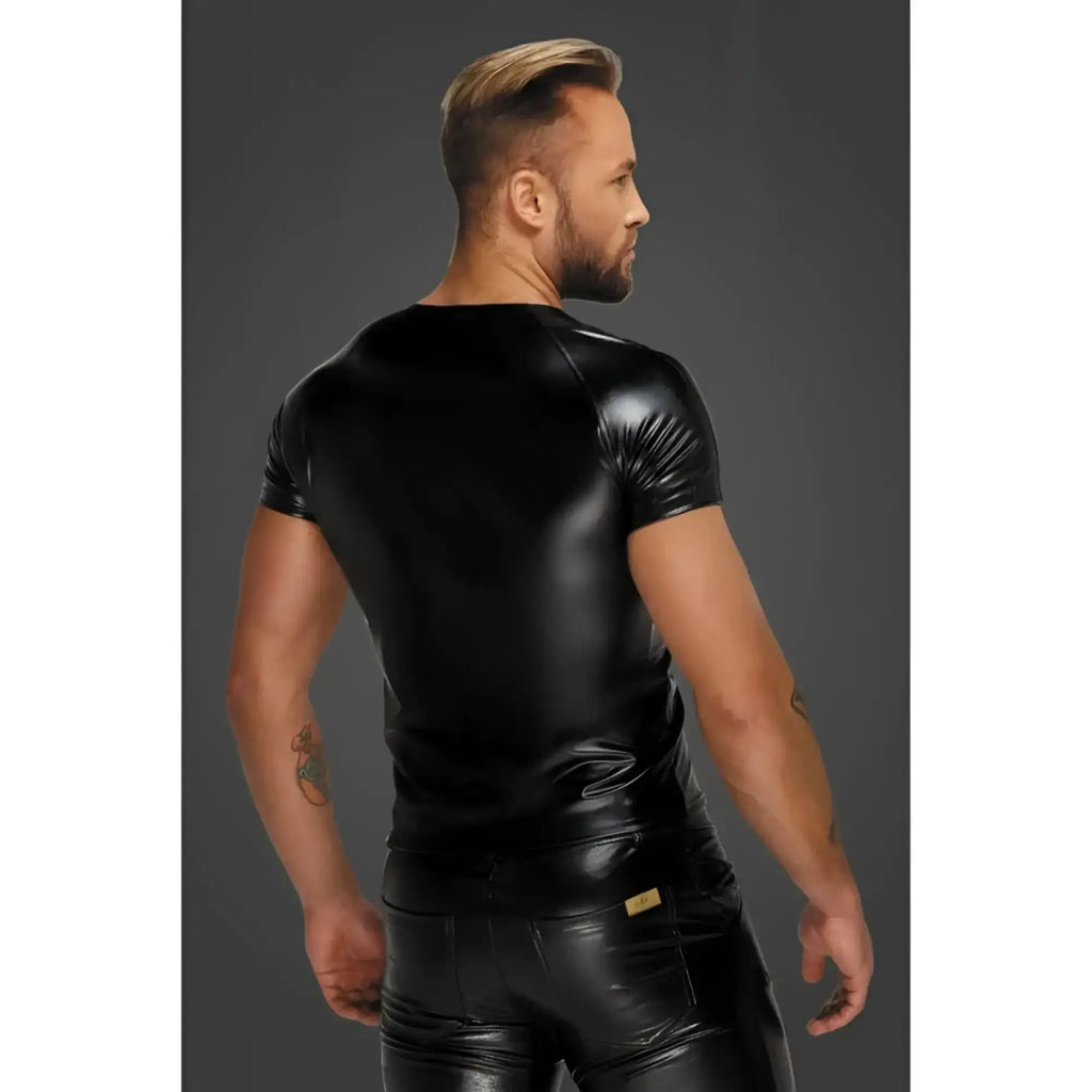 Black glossy faux leather short-sleeved top with snake wetlook sleeves noir wetlook t-shirt size small
