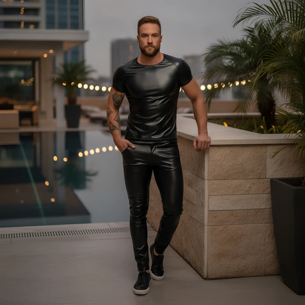 Black glossy faux leather fitted short-sleeved top with snake wetlook sleeves in xl size
