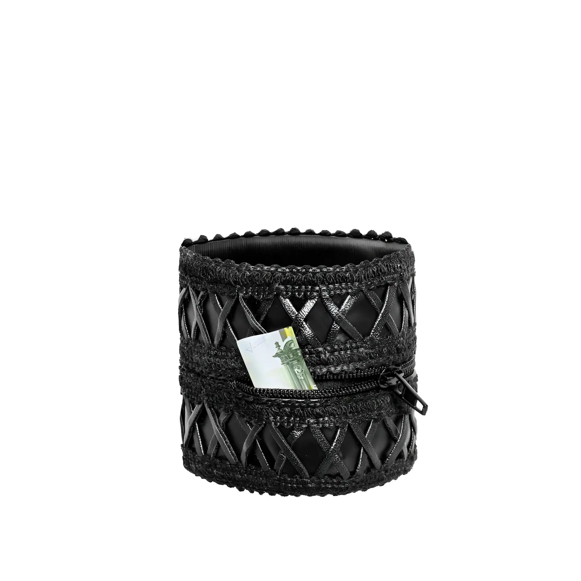 Black woven leather cuff wrist wallet with hidden zipper pocket holding currency one size