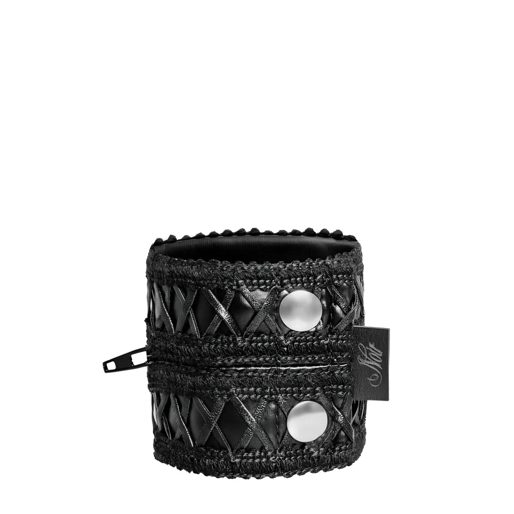 Black woven leather cuff bracelet with silver-toned studs and hidden zipper closure noir wrist wallet one size