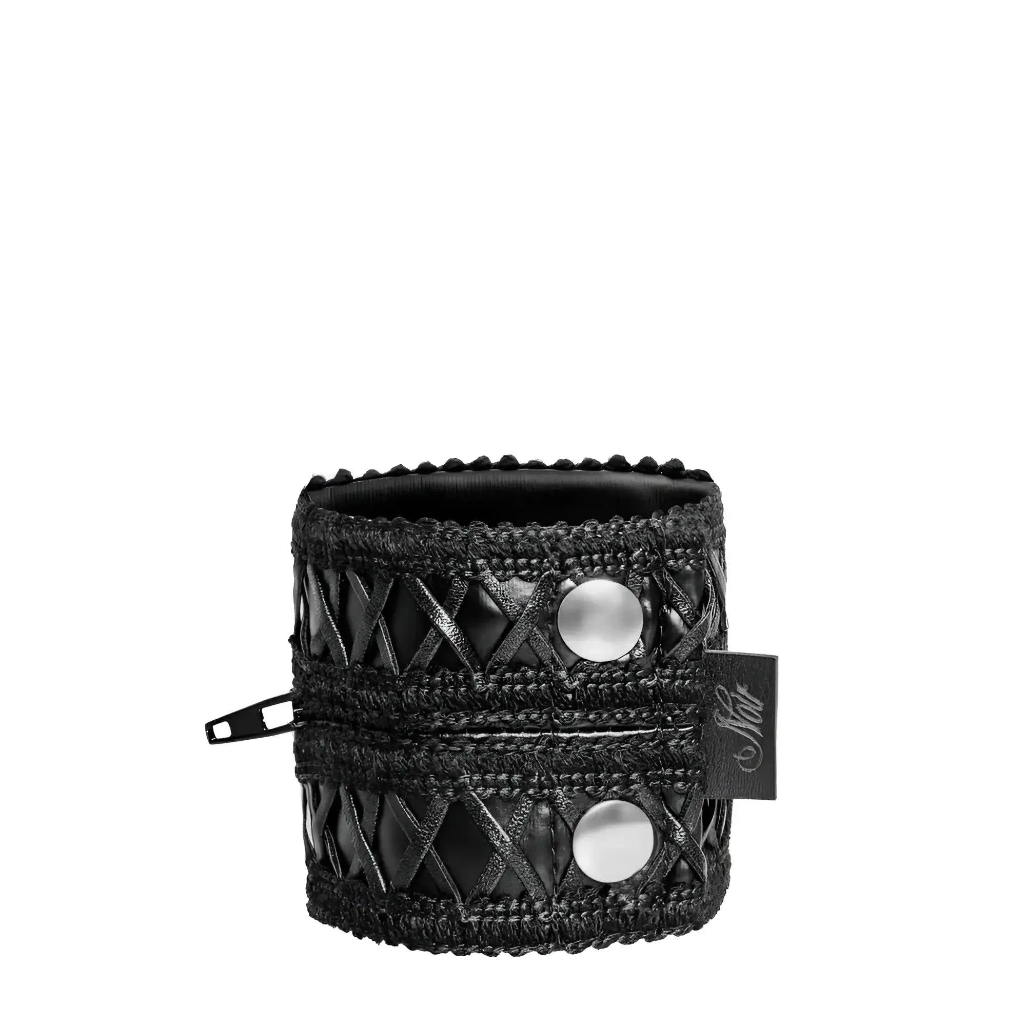Black woven leather cuff bracelet with silver-toned studs and hidden zipper closure noir wrist wallet one size