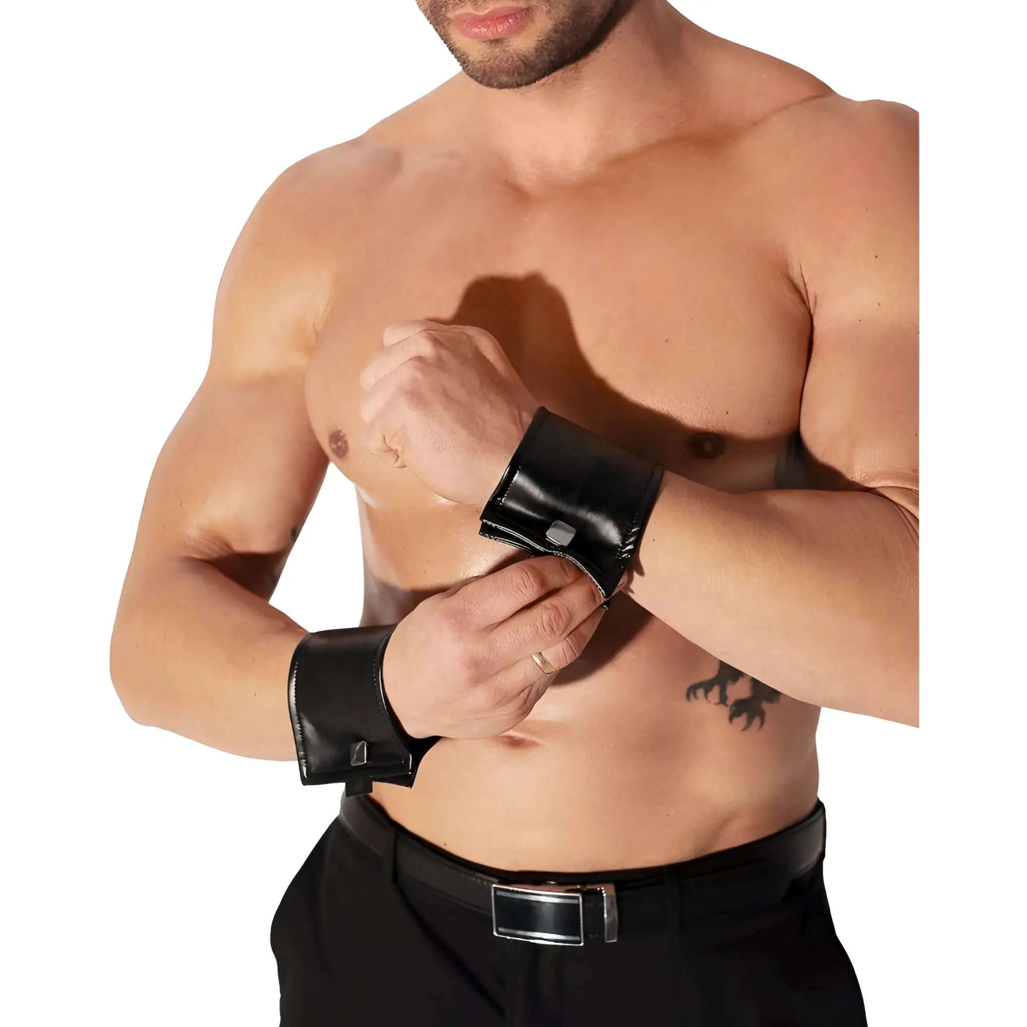 Black faux leather noir wrist wallet pair with hidden zipper featuring sleek glossy finish and silver metal clasp