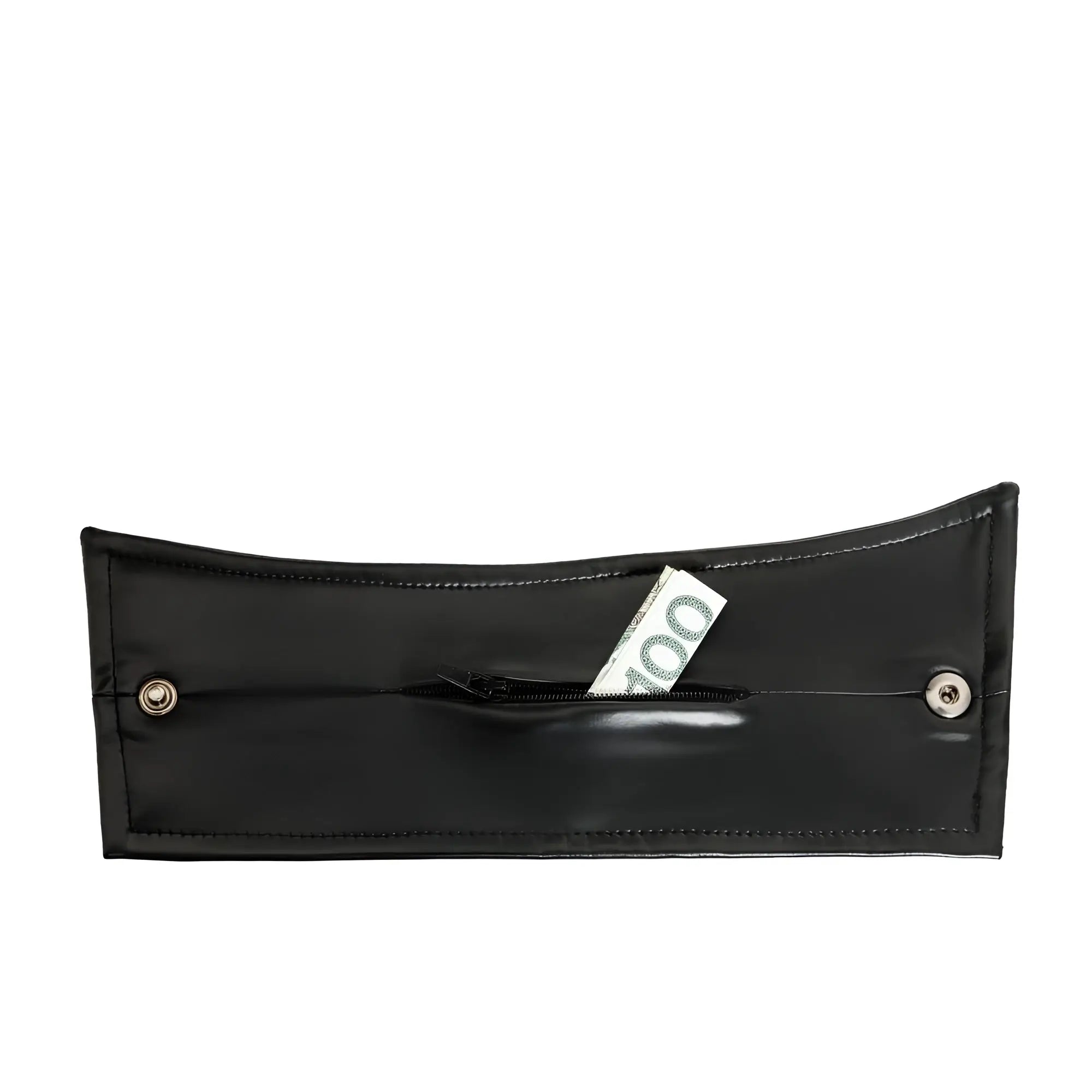 Black faux leather wrist wallet with silver snap buttons and hidden zipper pocket holding 100 euro bill one size