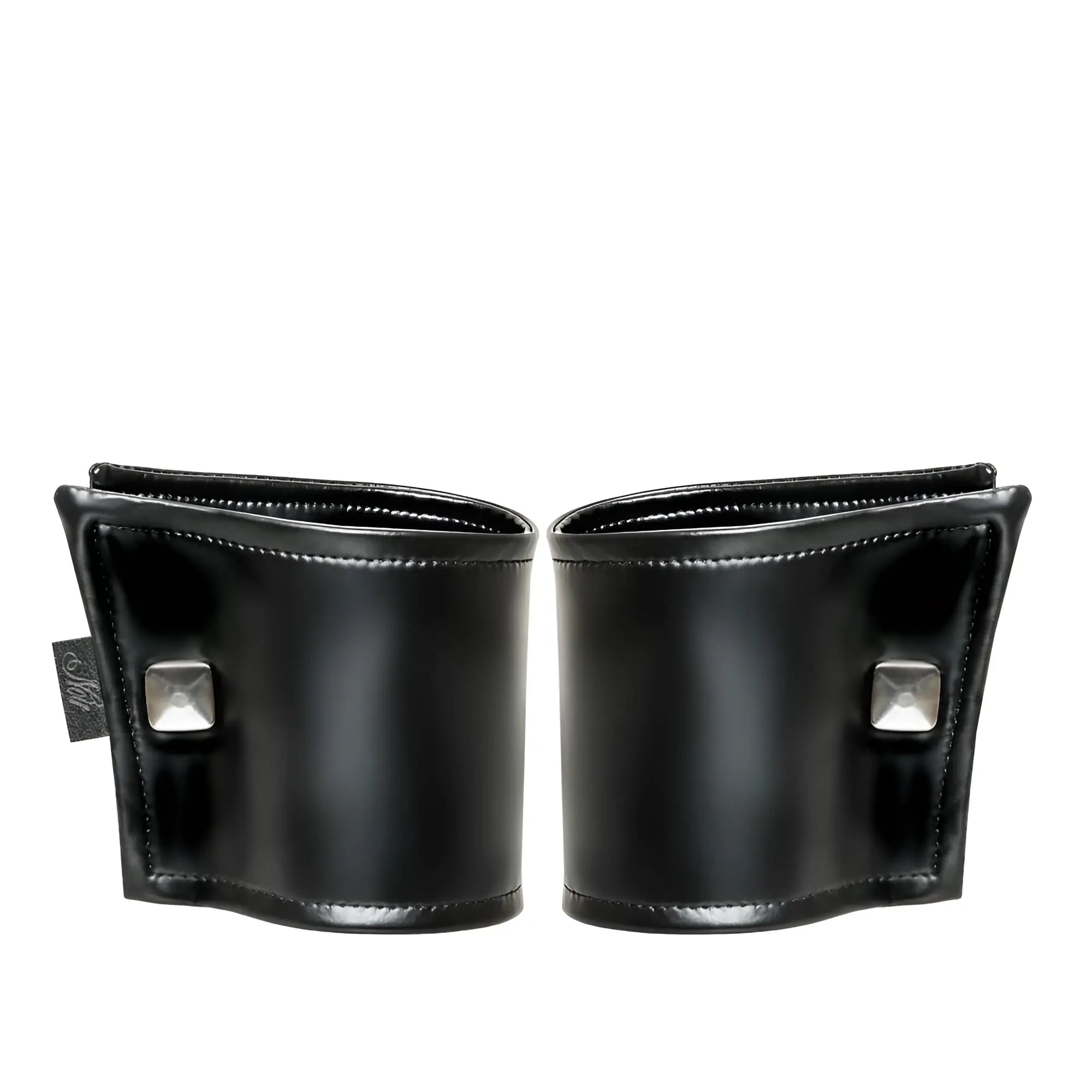 Black leather noir wrist wallet with silver square studs and hidden zipper in one size shown from front side