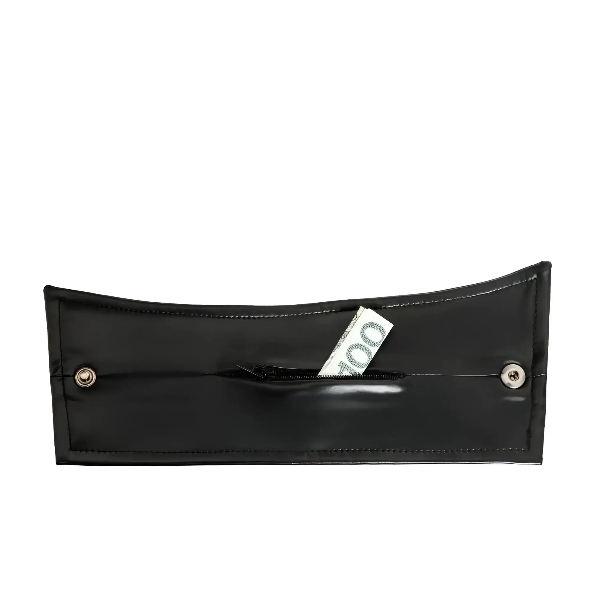 Black faux leather wrist wallet with silver snap buttons and hidden zipper pocket holding 100 euro bill one size