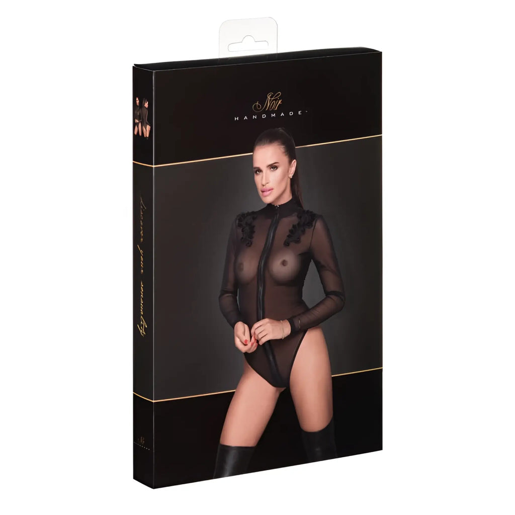 Black sheer bodysuit with lace detailing and long sleeves in branded box for elegant evening wear