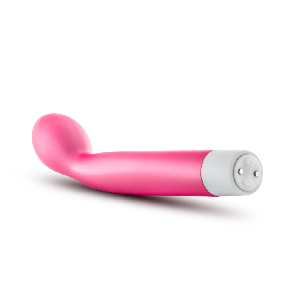 Pink silicone curved vibrator with white cylindrical base and two silver buttons noje noje g slim rechargeable rose