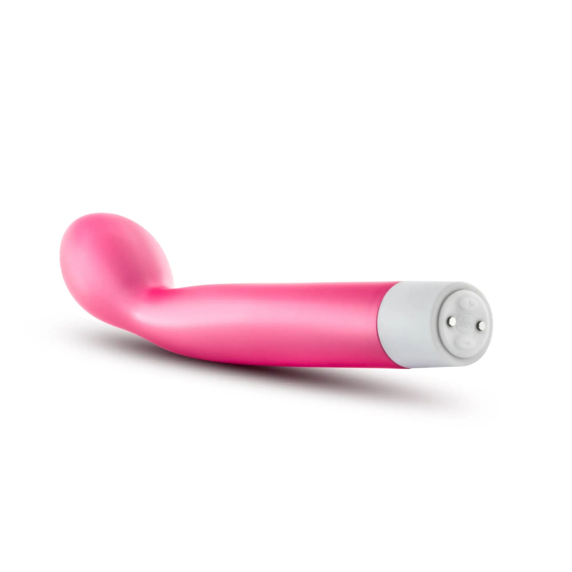 Pink silicone curved vibrator with white cylindrical base and two silver buttons noje noje g slim rechargeable rose