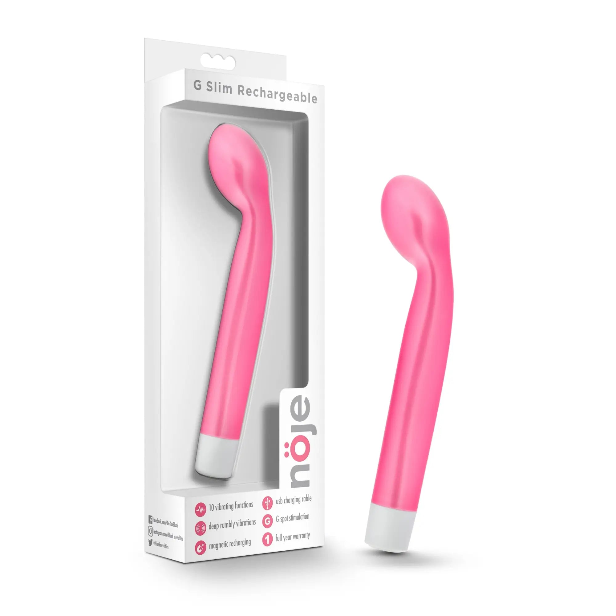 Noje noje g slim rechargeable rose slim pink vibrator with white base and sleek curved design for personal use