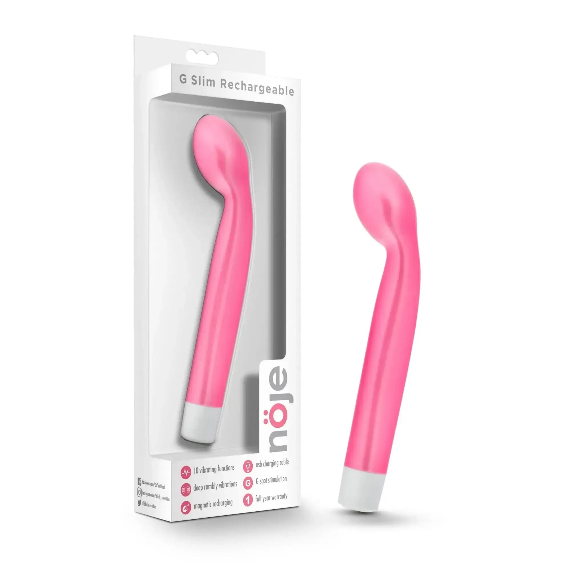 Noje noje g slim rechargeable rose slim pink vibrator with white base and sleek curved design for personal use