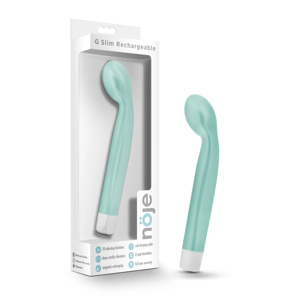 Noje noje g slim rechargeable vibrator in mint green with white base and sleek curved design for discreet use