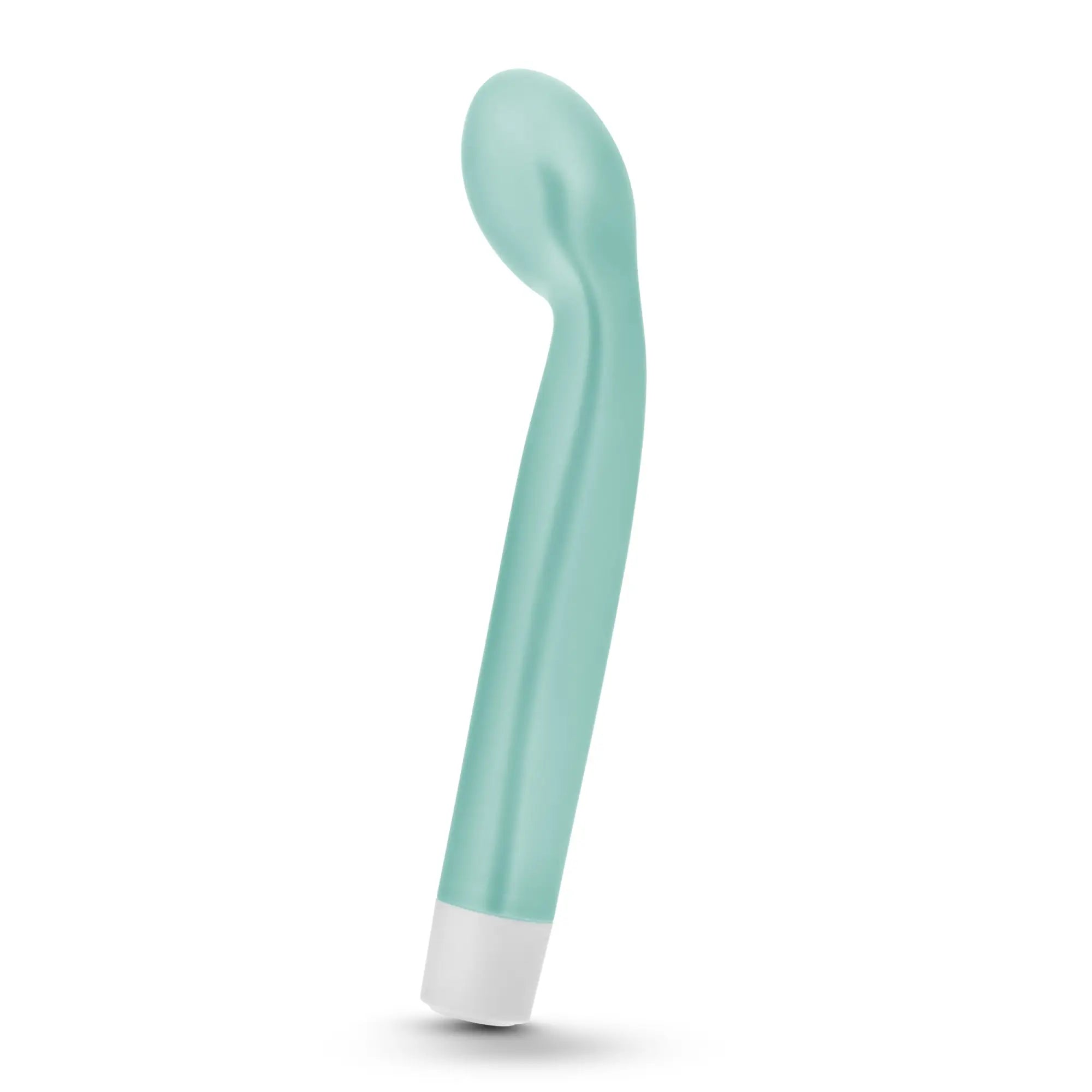 A sleek matte mint-green silicone Noje Noje G Slim rechargeable sage vibrator with a smooth curved white base