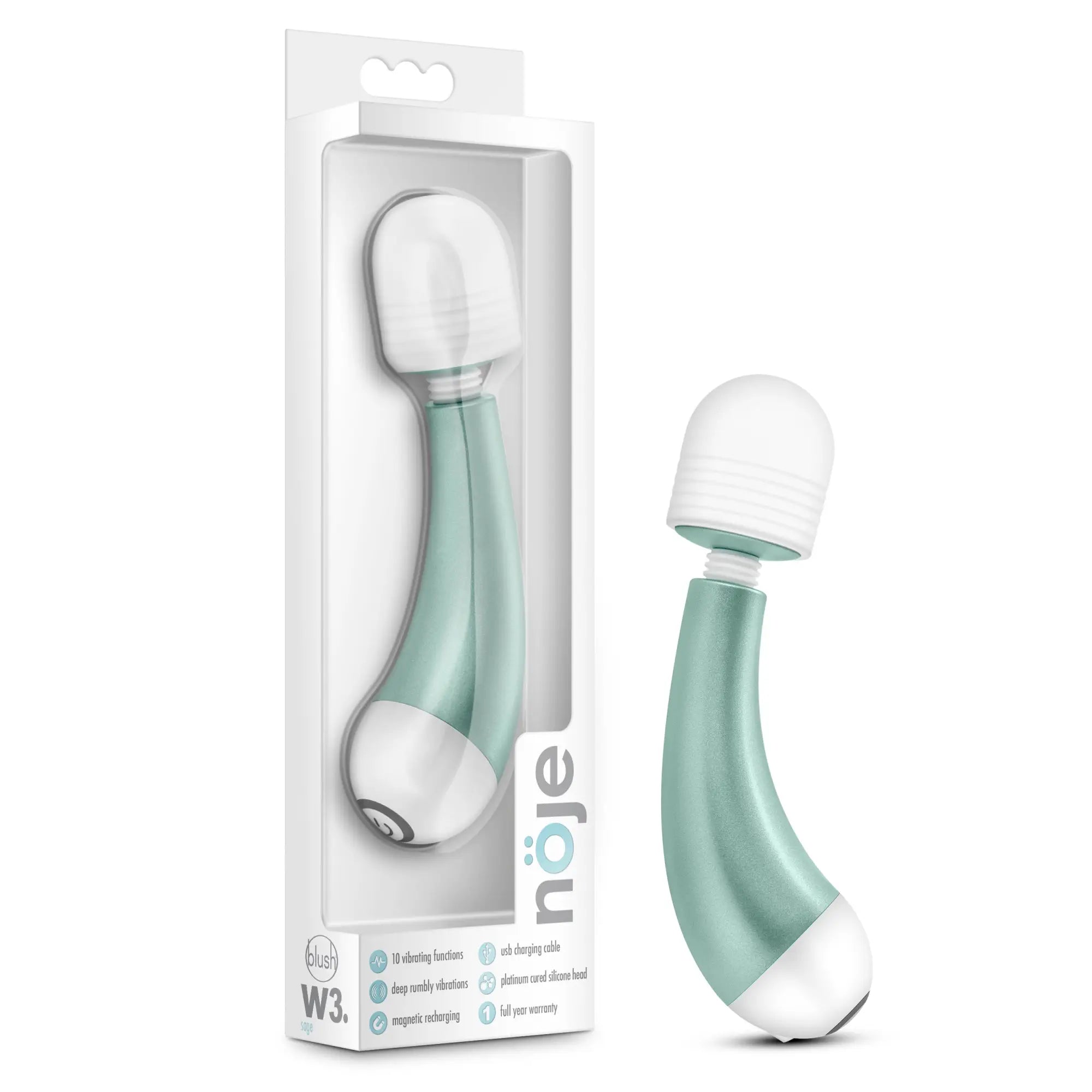 Noje w3 sage mint green and white silicone-wrapped wand vibrator with curved handle for ergonomic use