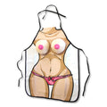 White apron with cartoon illustration of woman in pink bikini bottoms and beige skin tone outlined in black trim novelty boobie apron