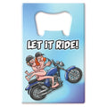 Blue rectangular metal bottle opener with cartoon of two people riding motorcycle and let it ride text novelty design