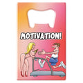 Novelty motivation bottle opener in pink and orange gradient with cartoon of man on treadmill receiving beer from woman