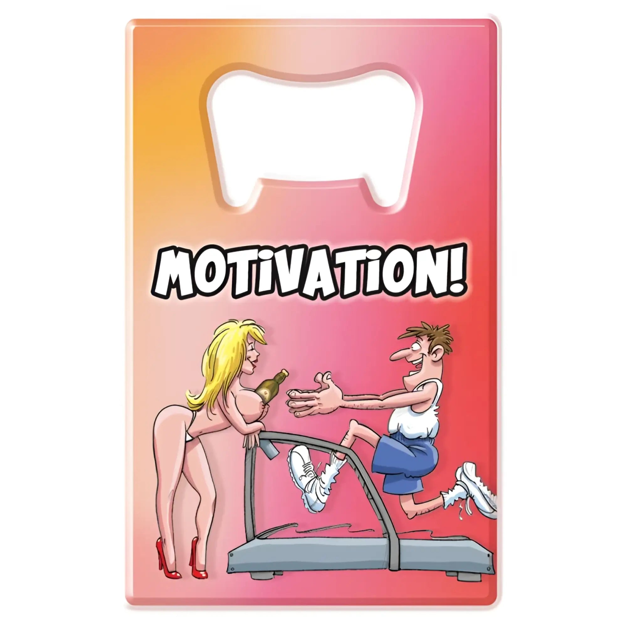 Novelty motivation bottle opener in pink and orange gradient with cartoon of man on treadmill receiving beer from woman