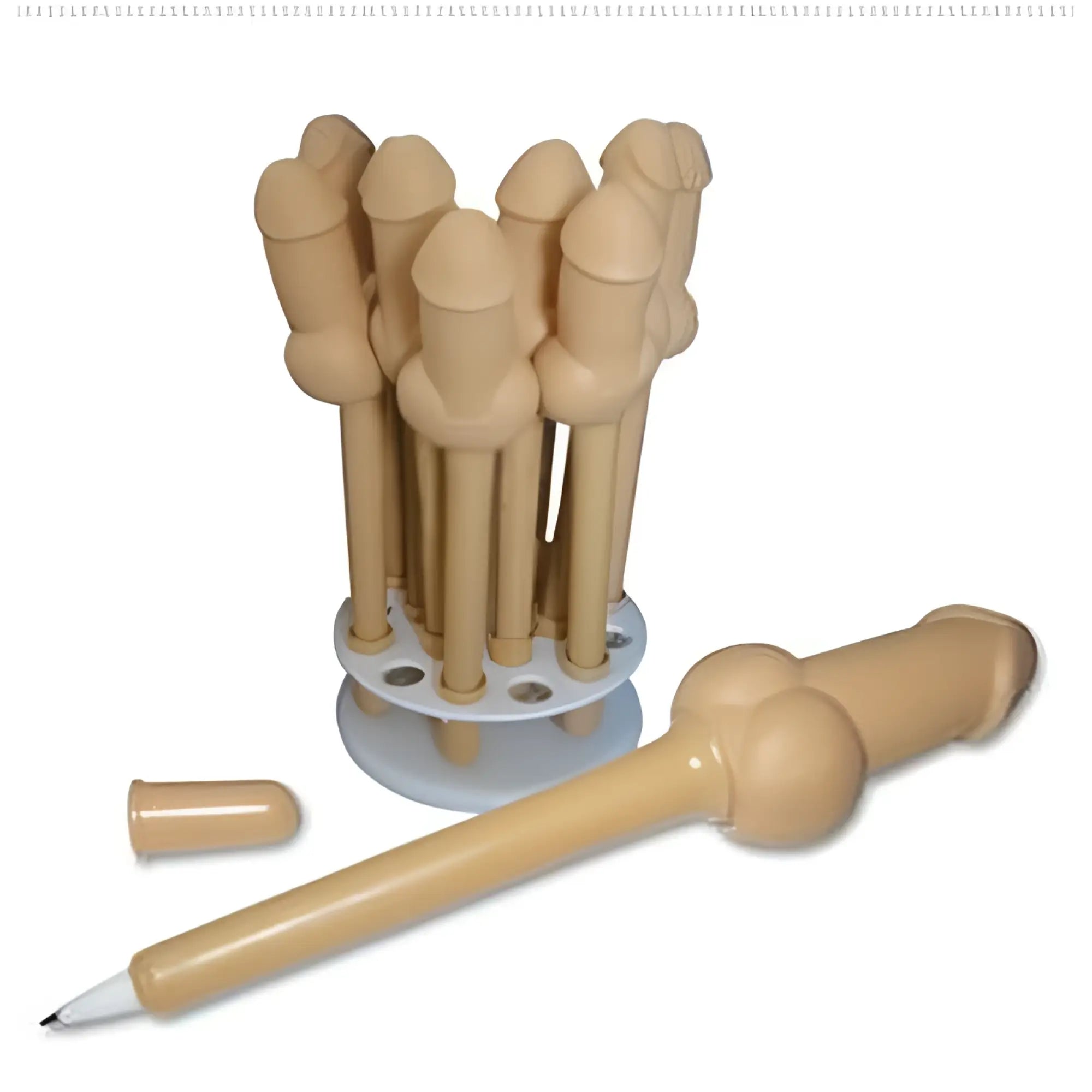 Beige plastic novelty pecker pen with rounded phallic-shaped body and removable cap in 12 pc set