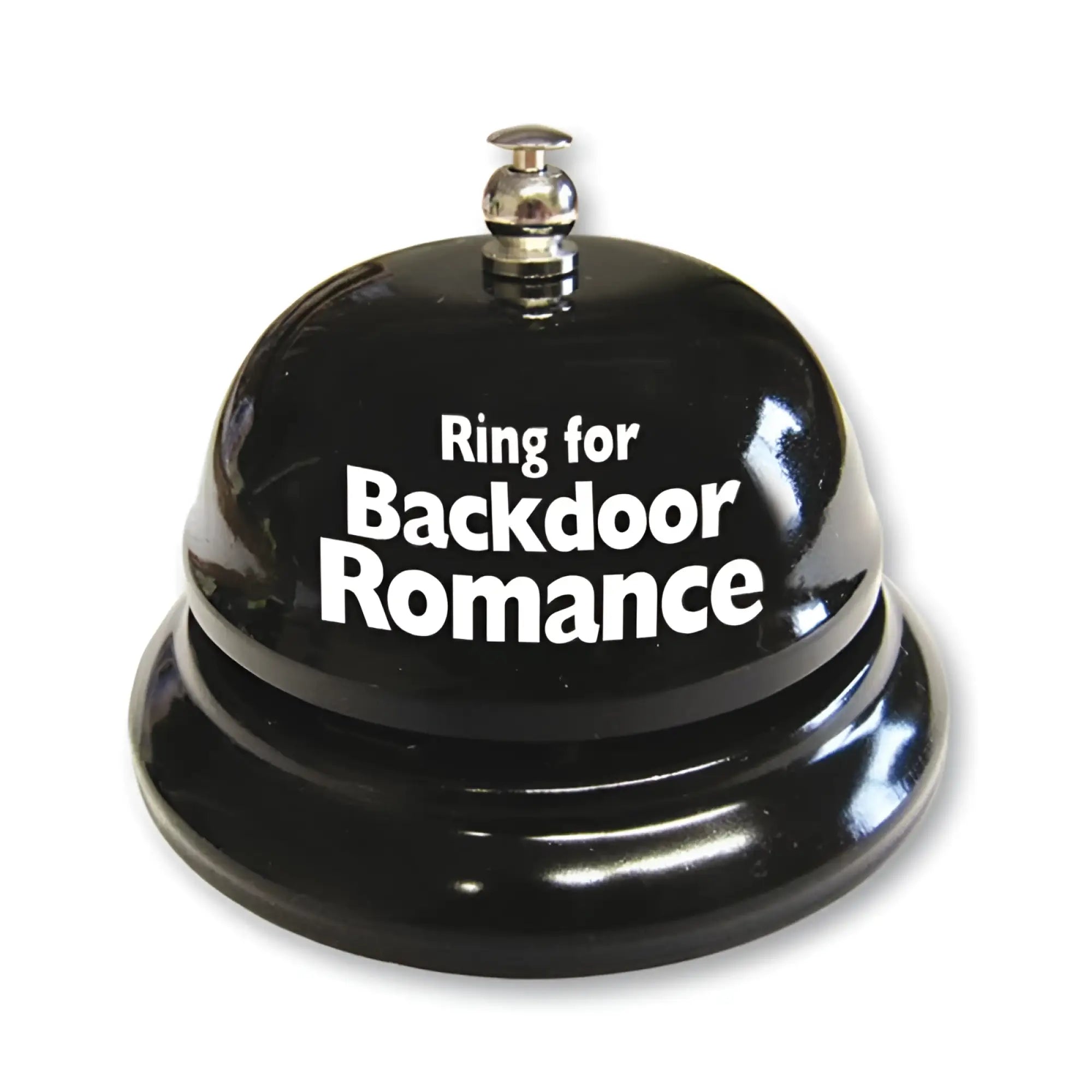 Novelty black glossy bell with silver top and white text ring for backdoor romance for fun signaling use