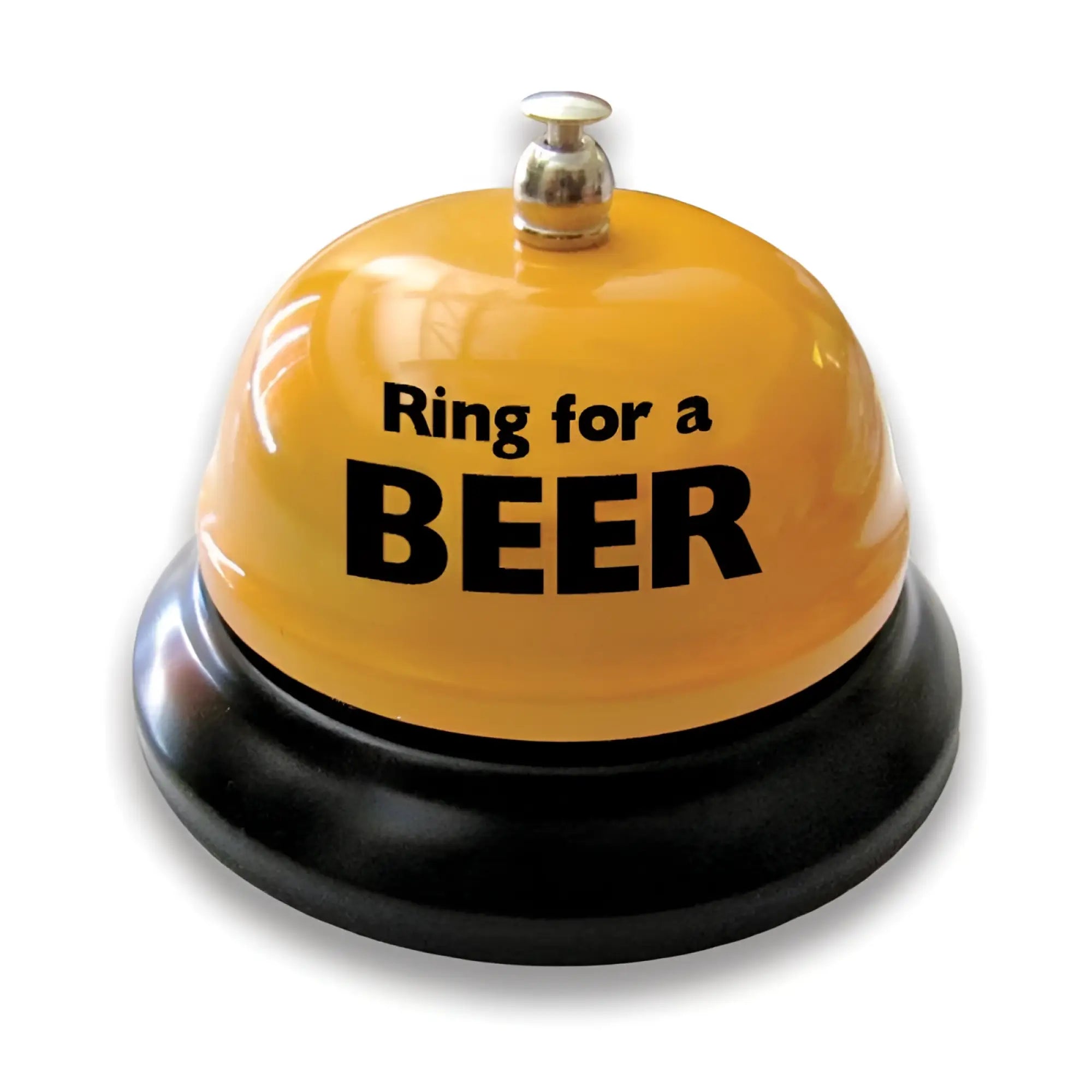 Novelty ring for a beer table bell in vibrant yellow with black base and silver top featuring ring for a beer text