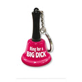Novelty bright pink plastic mini bell keychain with black handle and silver chain ring for a big dick text in white