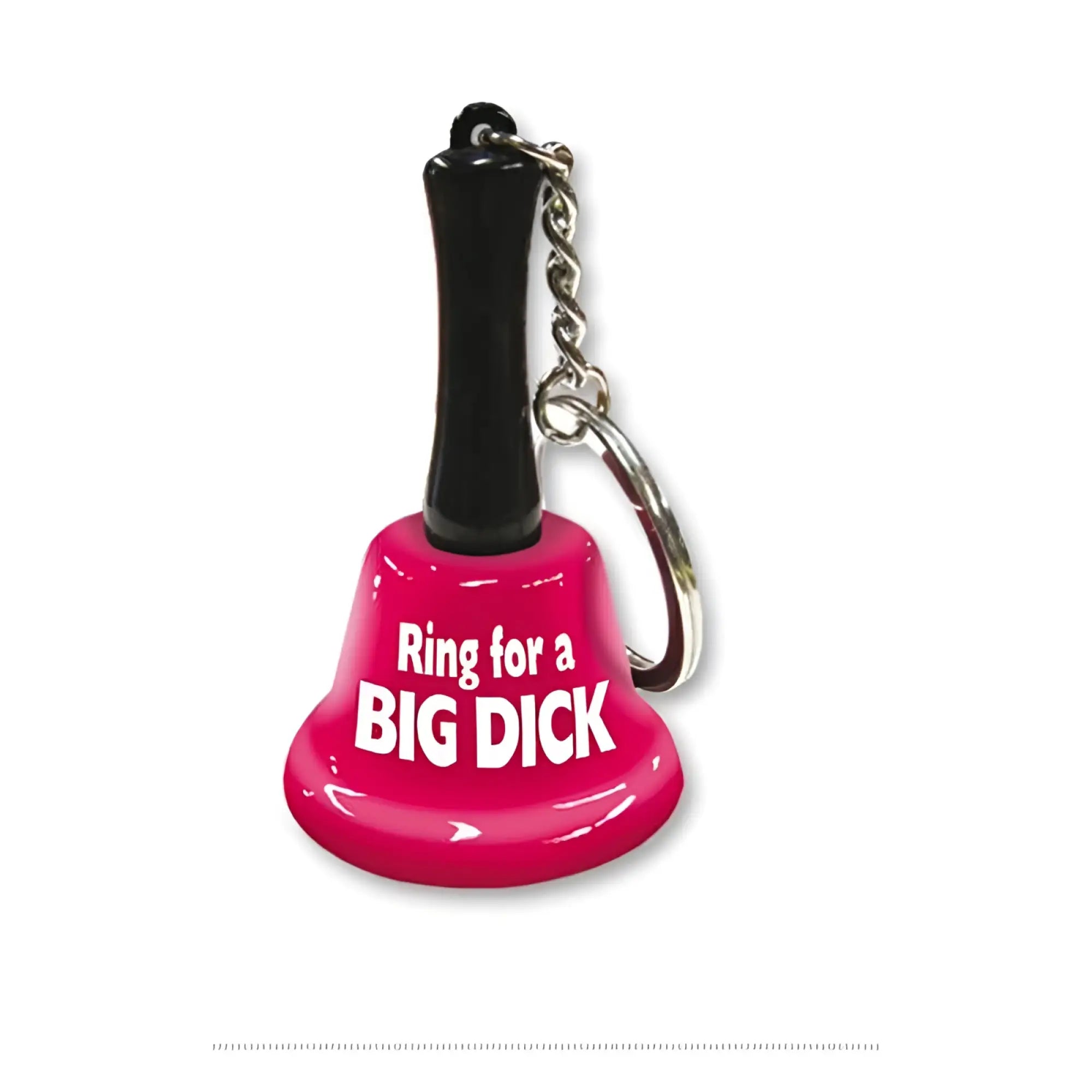 Novelty bright pink plastic mini bell keychain with black handle and silver chain ring for a big dick text in white