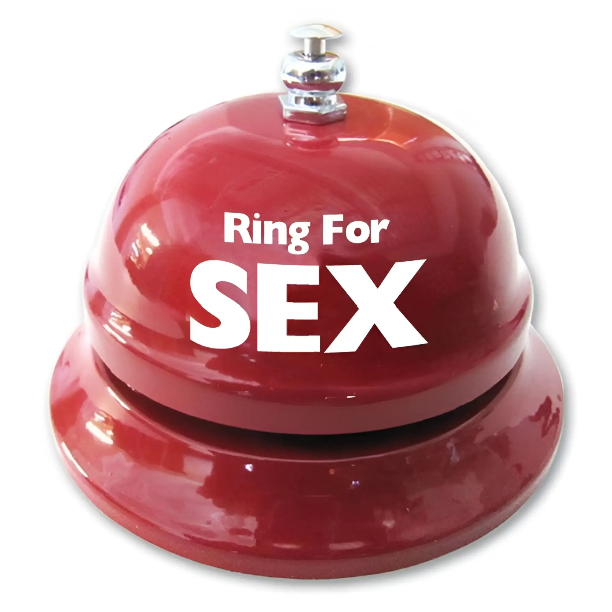 Novelty red bell with white ring for sex text on glossy surface designed as a ring for sex table bell
