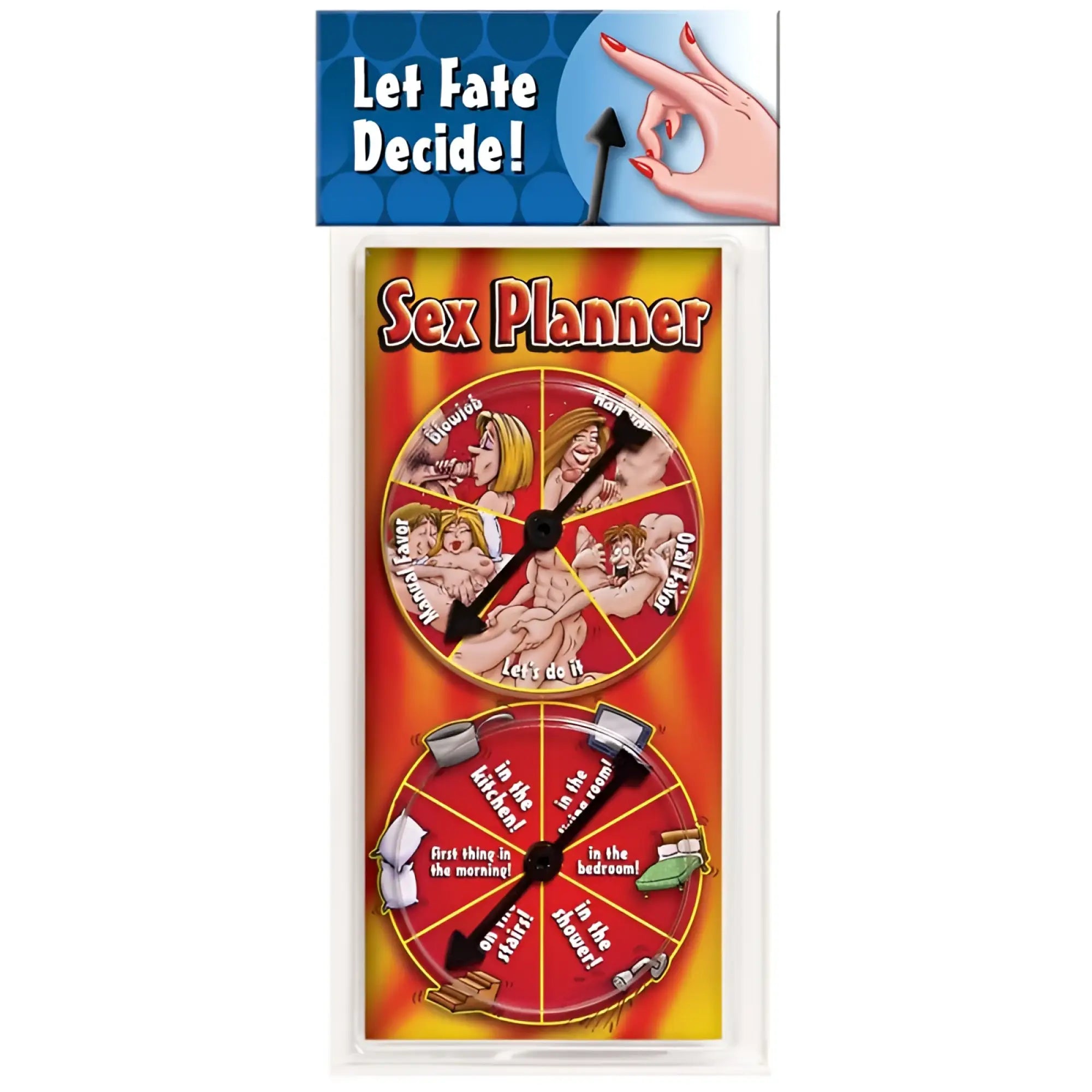 Novelty sex planner spinner game featuring red and yellow plastic wheels with cartoon illustrations for couples fun