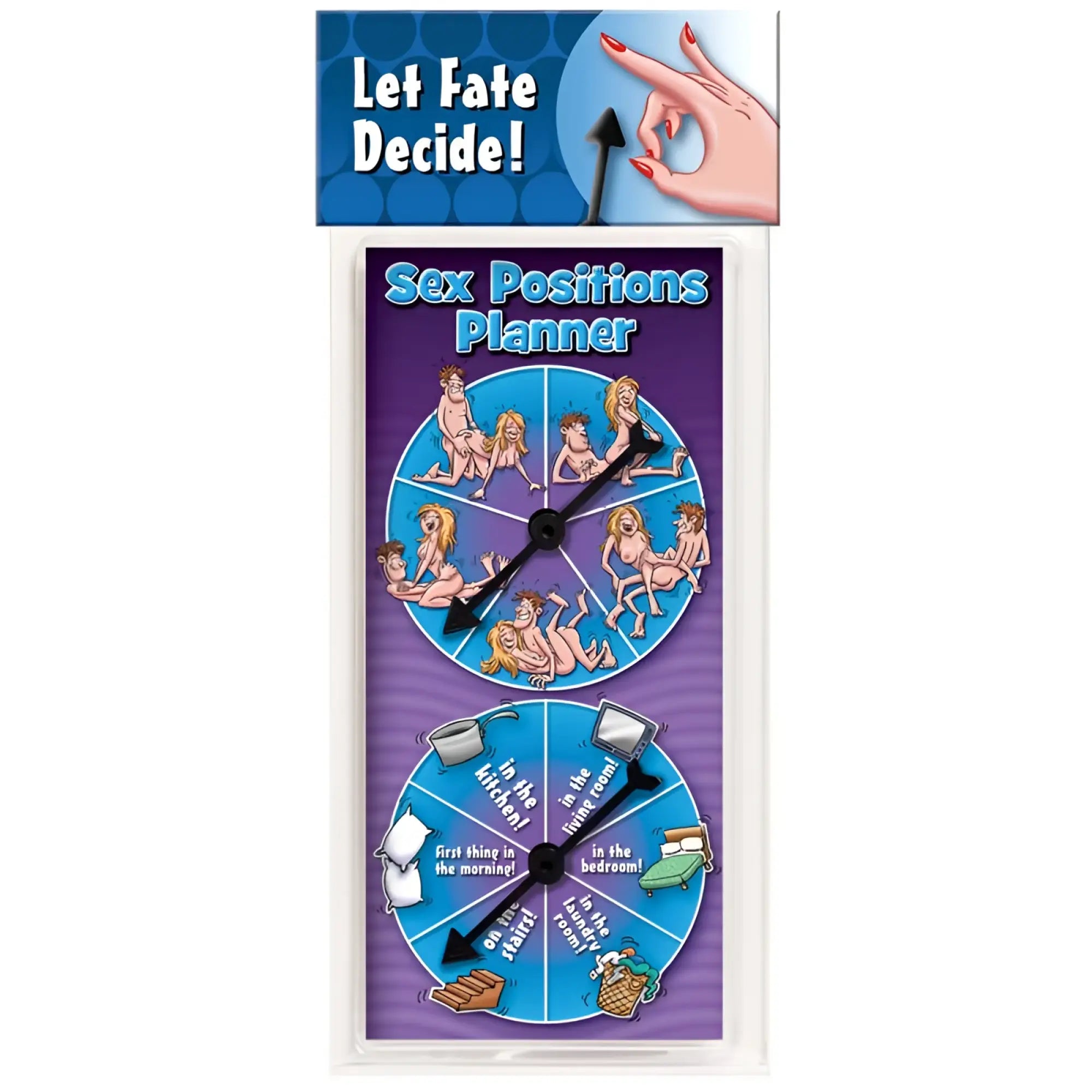Blue and purple novelty sex positions planner spinner game wall clock with two spinning wheels and cartoon illustrations