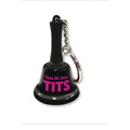 Black bell mini keychain with pink show me your tits text and silver chain for novelty accessory use
