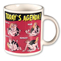 White ceramic novelty todays agenda coffee mug with red and black cartoon scenes of couples throughout the day