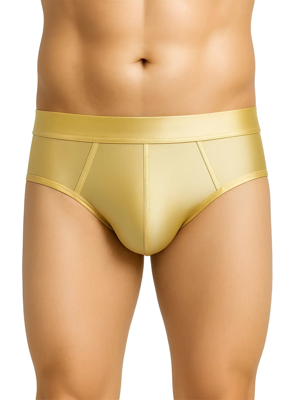 Gold satin nylon luxury briefs with smooth shiny finish and tailored fit