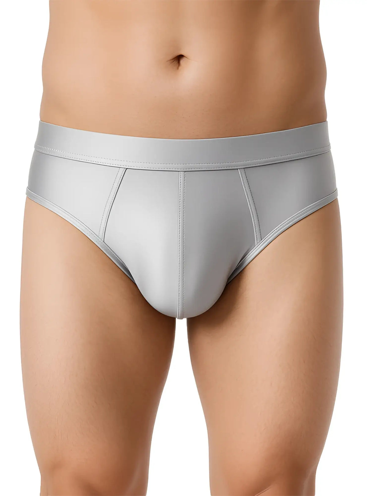Gray nylon luxury briefs with a smooth form fitting design and subtle stitching details