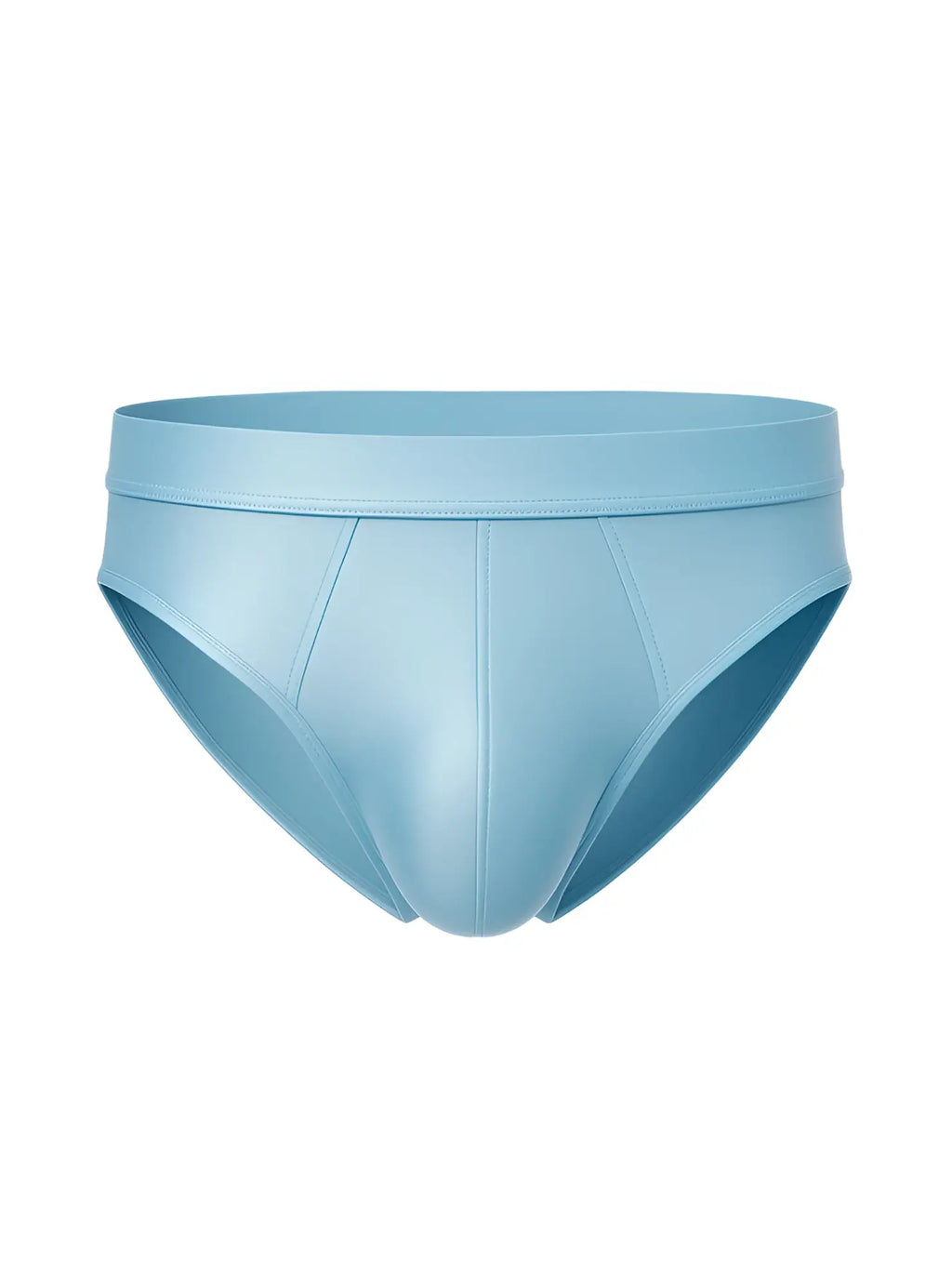 Light blue nylon luxury brief with smooth form-fitting design and subtle seam detailing for men