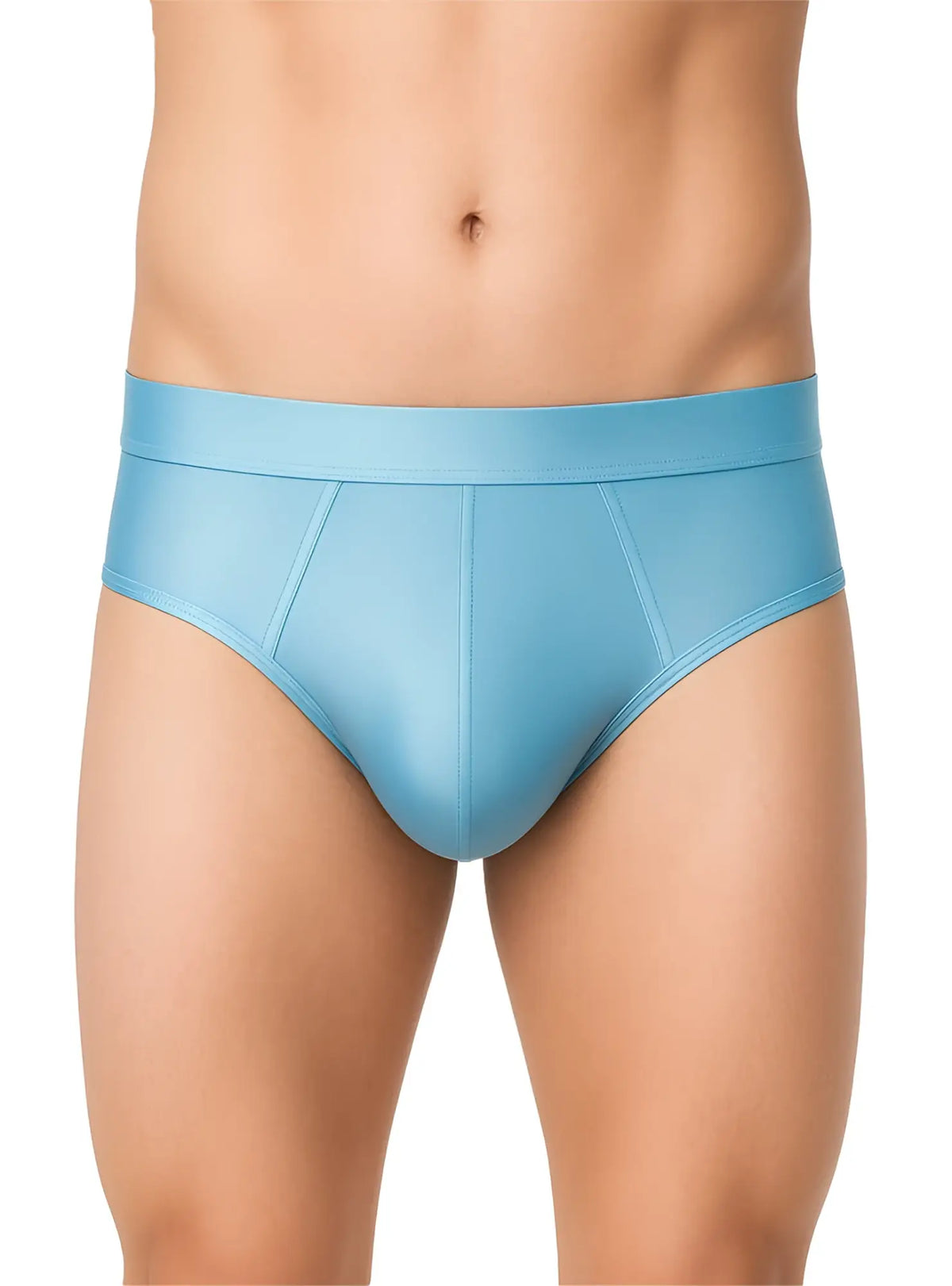 Light blue nylon luxury brief for men with smooth texture wide waistband and subtle seam detailing