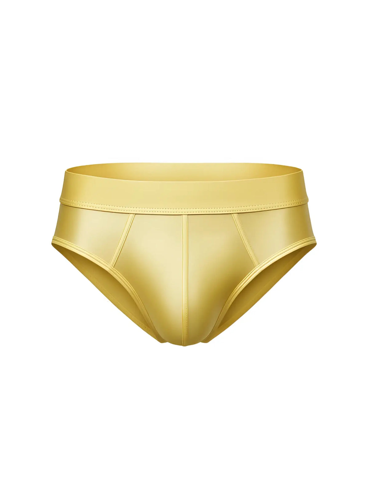A sleek metallic gold nylon luxury brief with a smooth glossy finish and subtle seam detailing