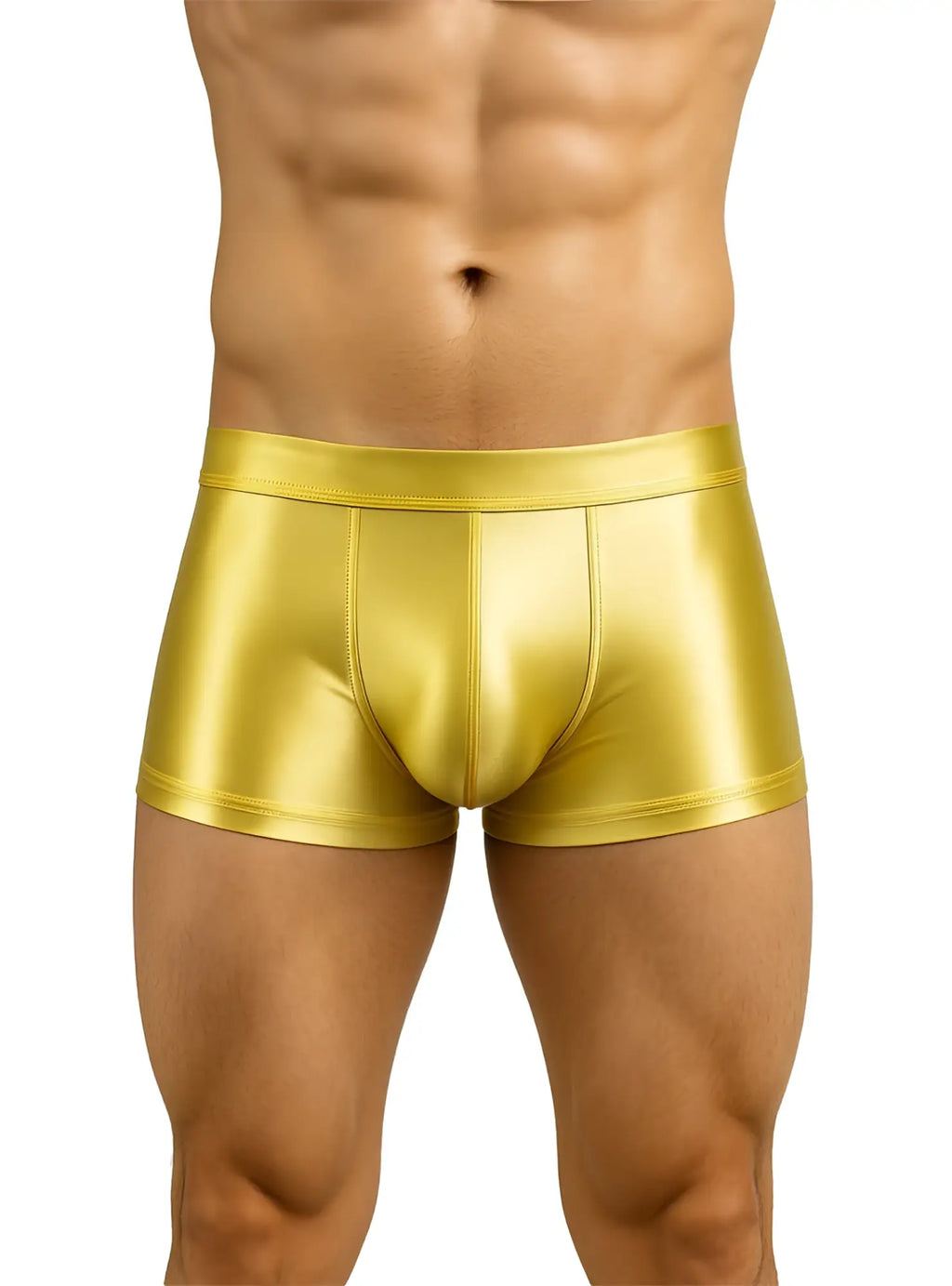 Shiny gold metallic nylon luxury trunk briefs with sleek form-fitting design for comfortable everyday wear