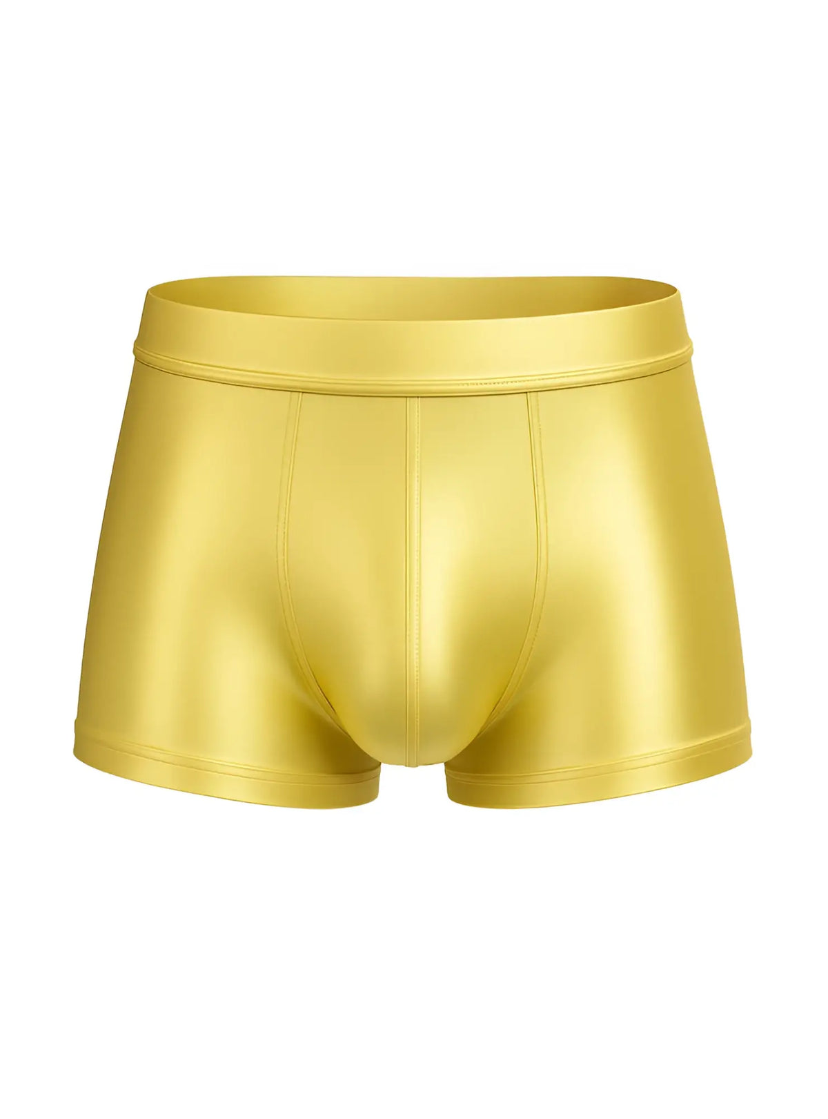 Shiny gold metallic nylon luxury trunk briefs with a smooth reflective surface and a snug fitting design
