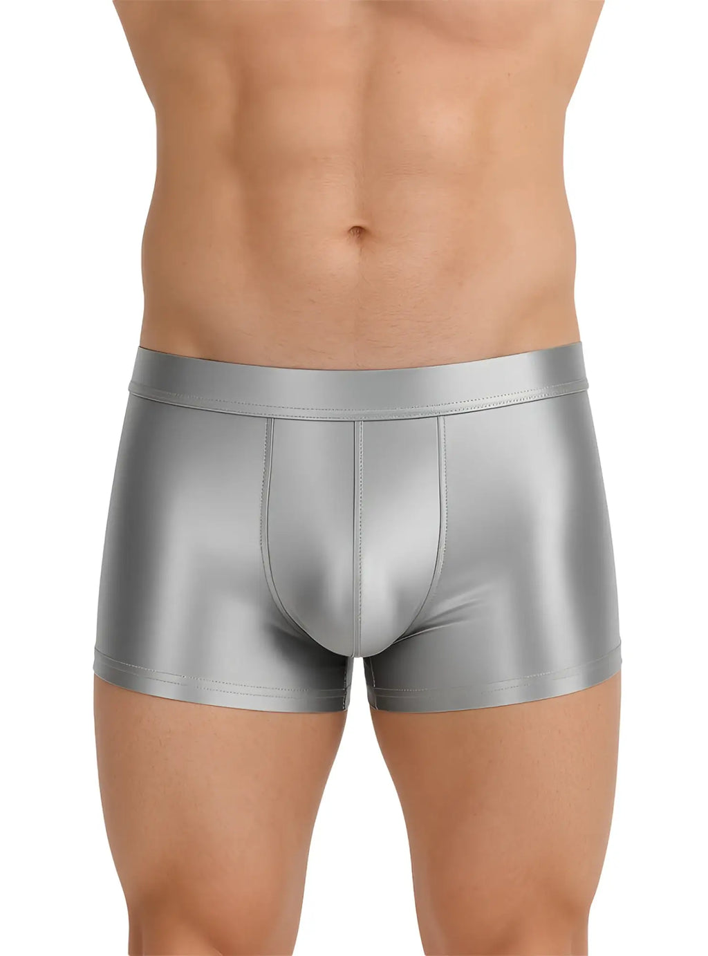 Shiny silver nylon luxury trunk briefs with sleek metallic finish and snug fit for comfortable wear