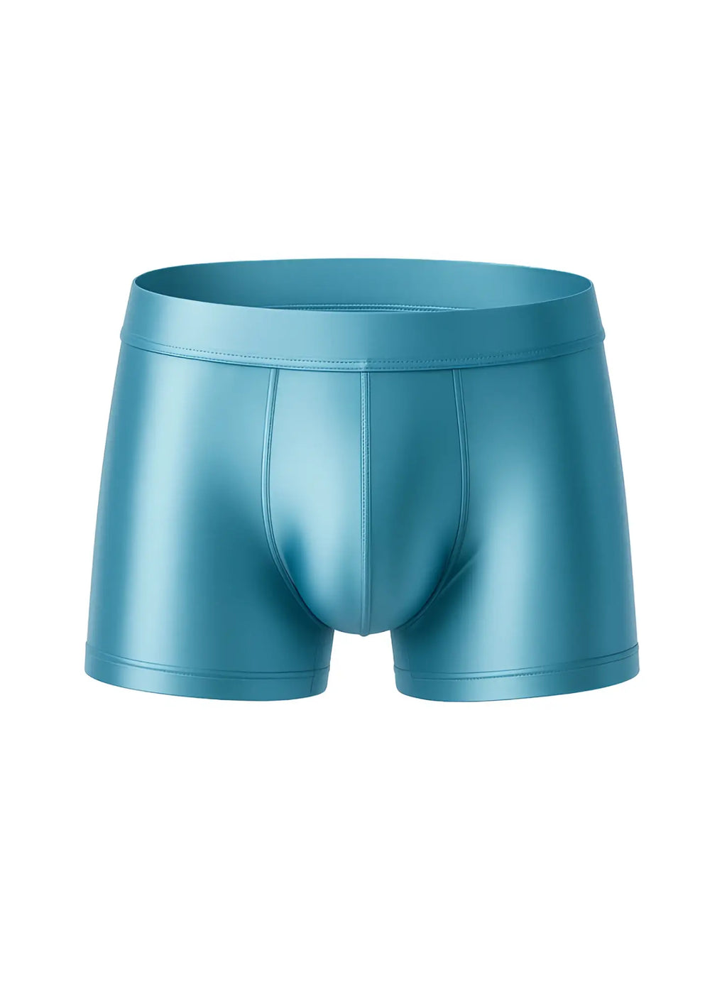 Teal shiny faux leather nylon luxury trunk boxer briefs with a smooth sleek design for comfortable wear