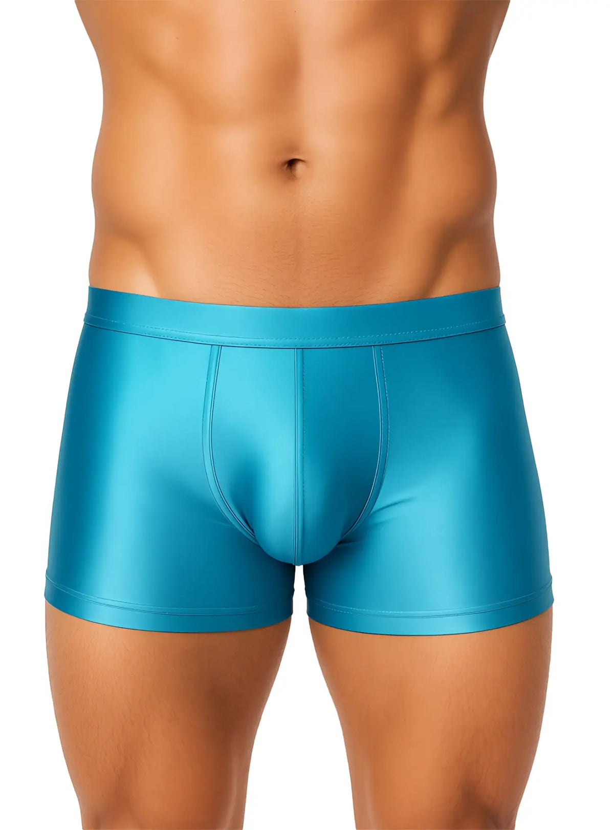 Turquoise metallic nylon luxury trunk briefs with a sleek form-fitting design for comfortable everyday wear