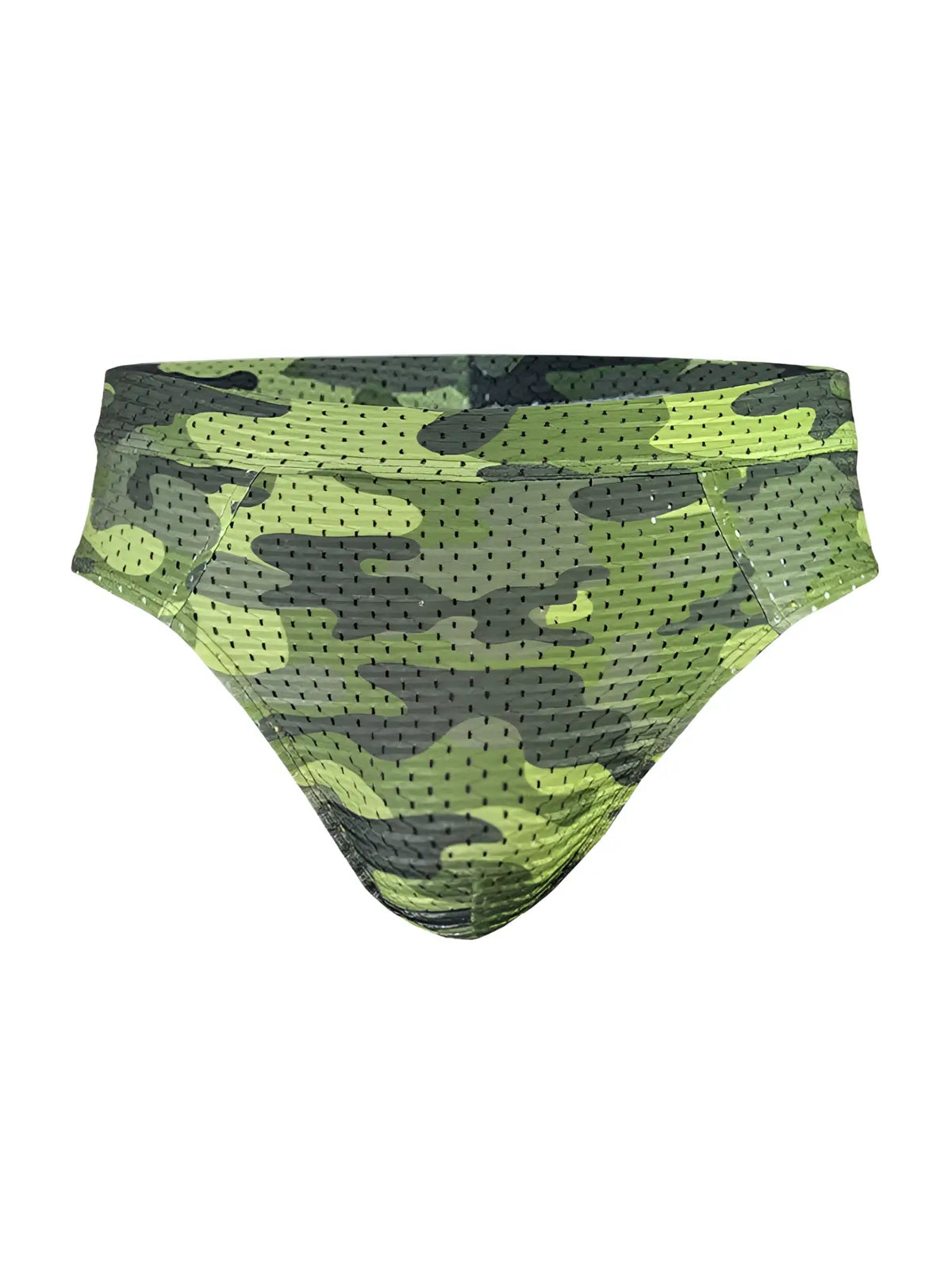 Nylux camo brief swim trunks in green and black camouflage perforated mesh fabric for quick drying and comfort