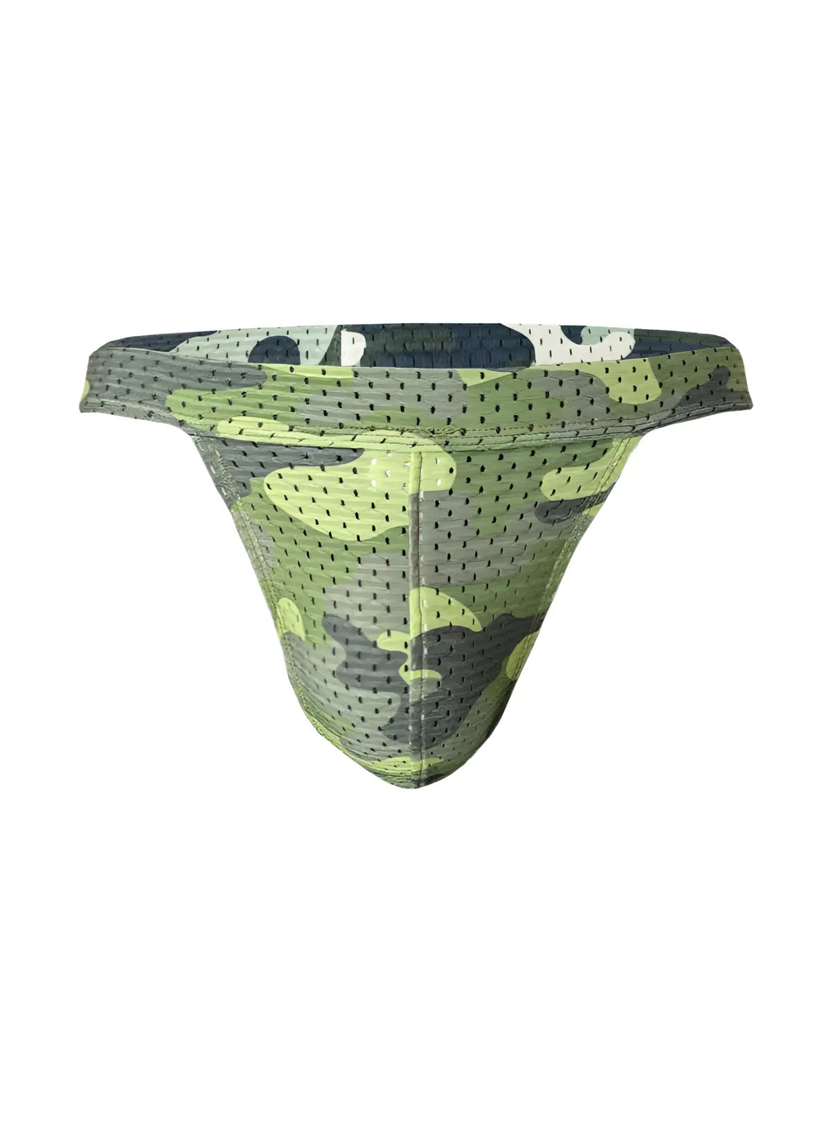 Green and gray camouflage patterned mesh briefs nylux camo jockstrap showcasing breathable material and design