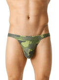 Green and olive camouflage mesh nylux camo jockstrap briefs with perforated design