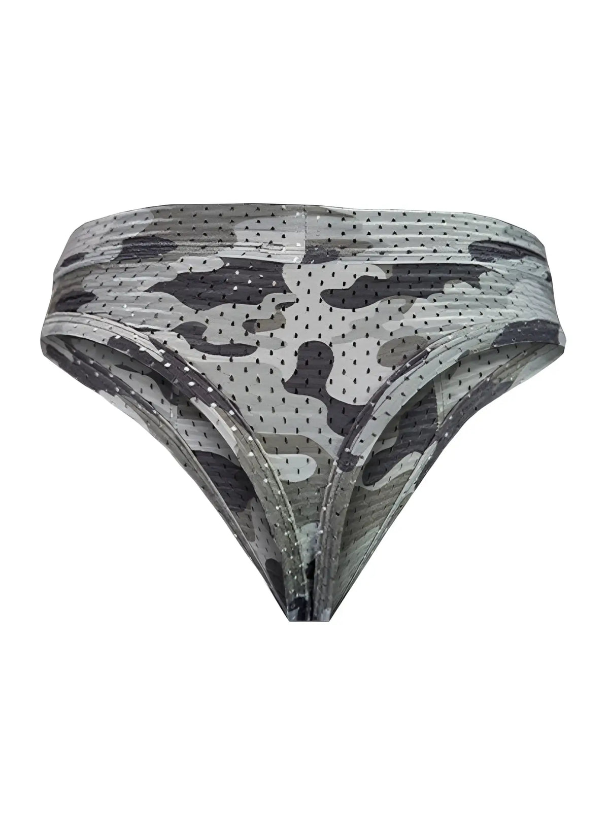 Gray and black camouflage mesh thong bikini bottom with perforated design nylon blend shown from the back side
